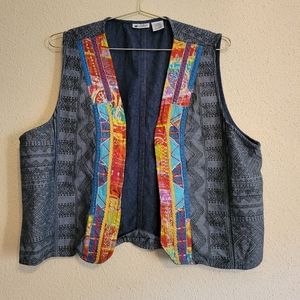 Units size XL denim vest with multi-color trim